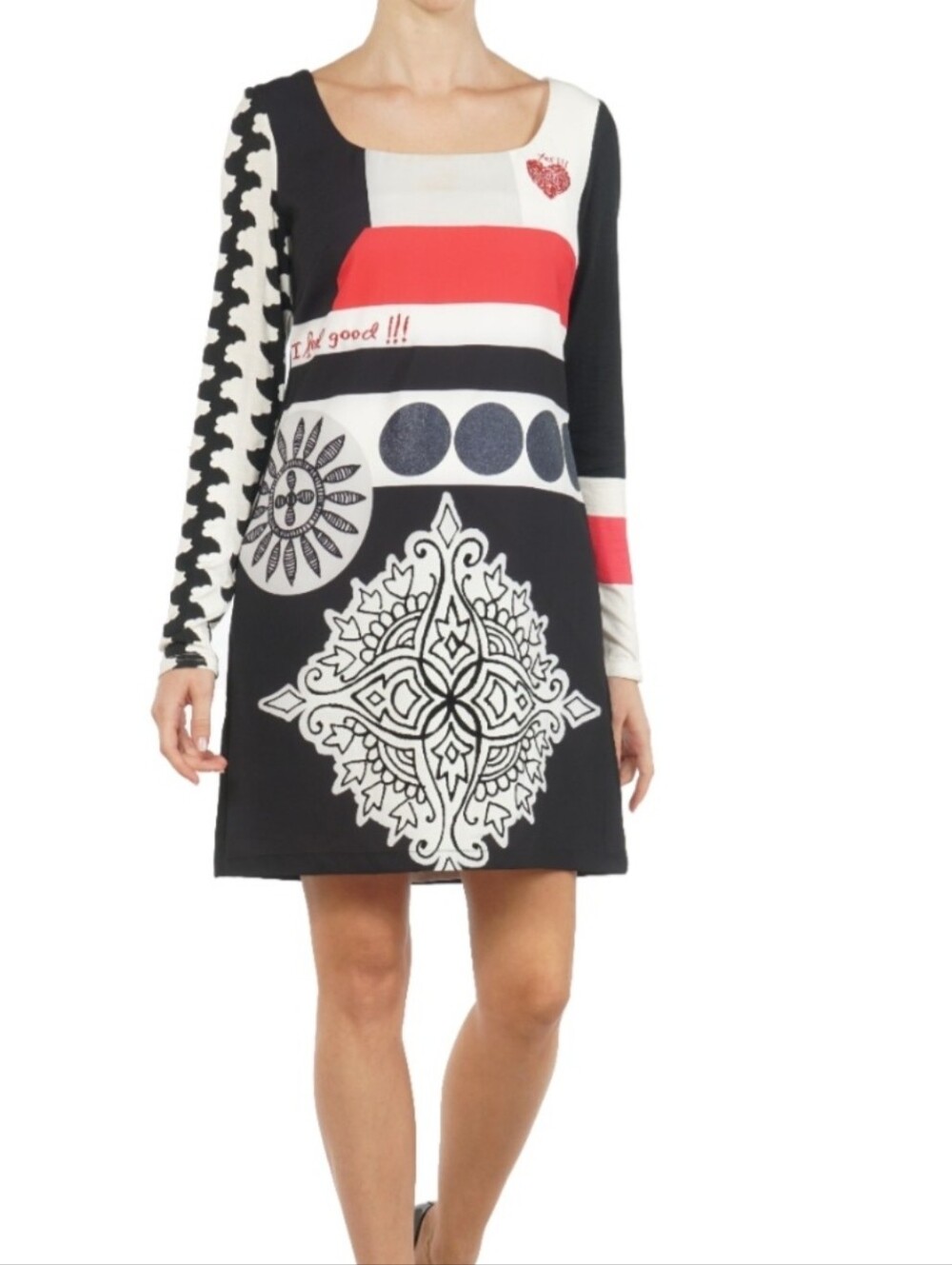 Desigual Size 40 Black Red Patchwork Graphic Tunic Dress Artsy Boho